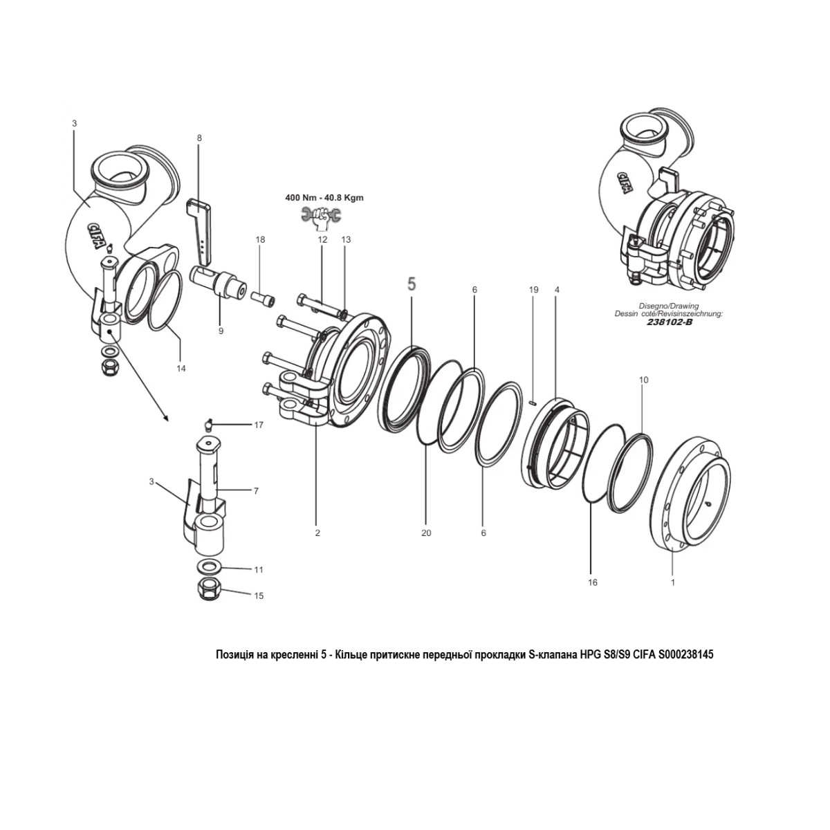 Креслення (Tavola) 289462 Креслення вузла 238102-B передня опора S-клапана HPG S000238145